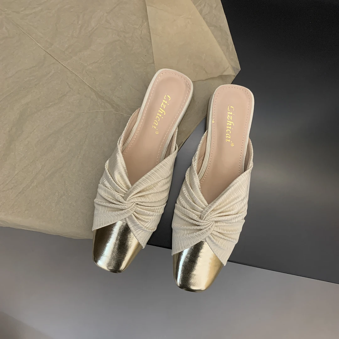 包头小香风半托鞋女早秋新款软底褶皱设计感单鞋夏季法式小香风