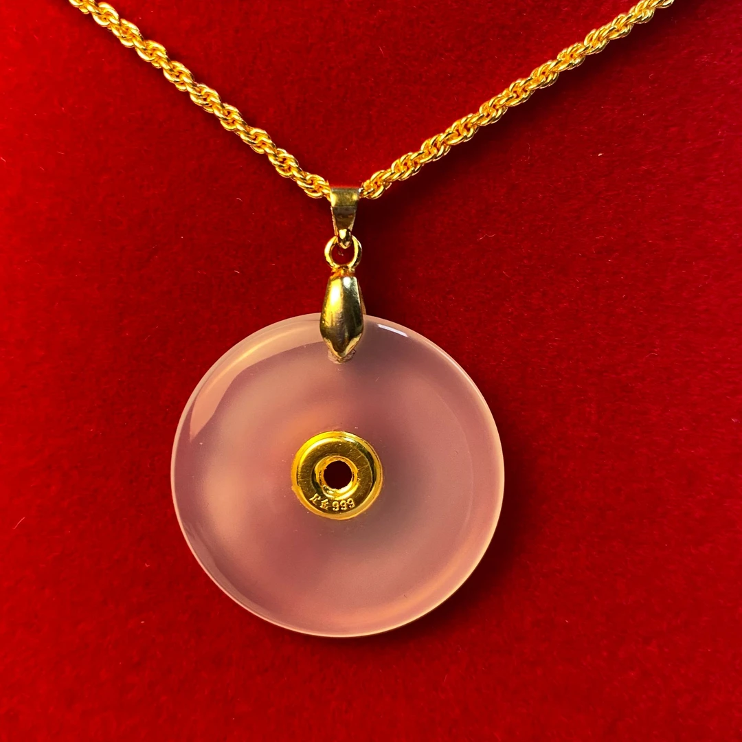 黄金镶嵌玉髓平安扣吊坠-赠合金链子扣头带礼盒证书-ZXH