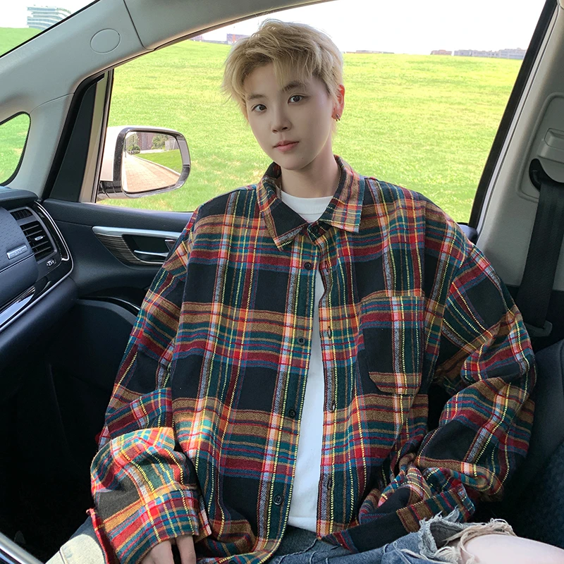 痞帅高质感美式休闲格子衬衫男女韩版宽松衬衣宽松百搭情侣上衣潮