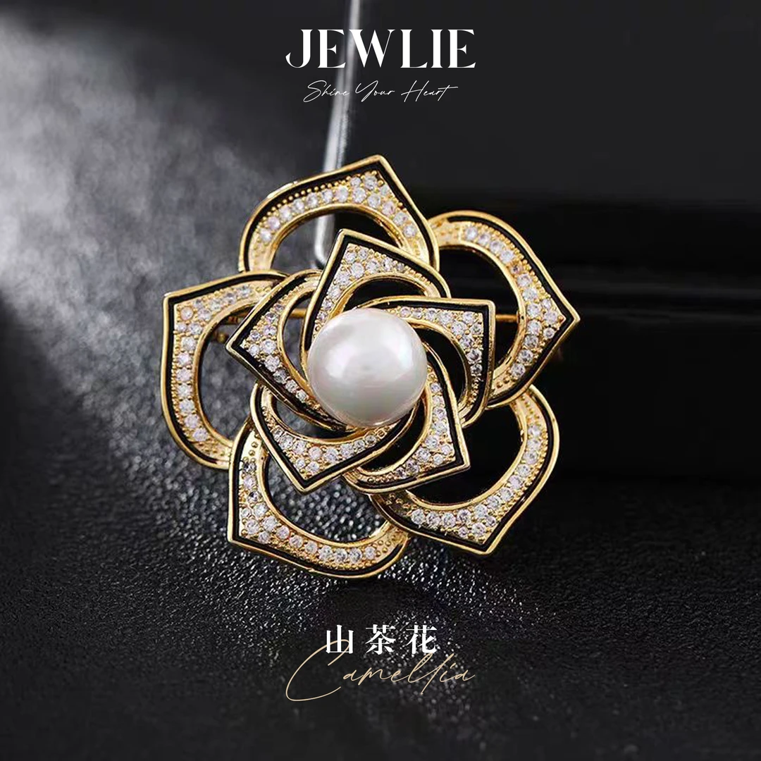 JEWLIE·山茶花胸针天然淡水珍珠胸饰高档轻奢精致优雅