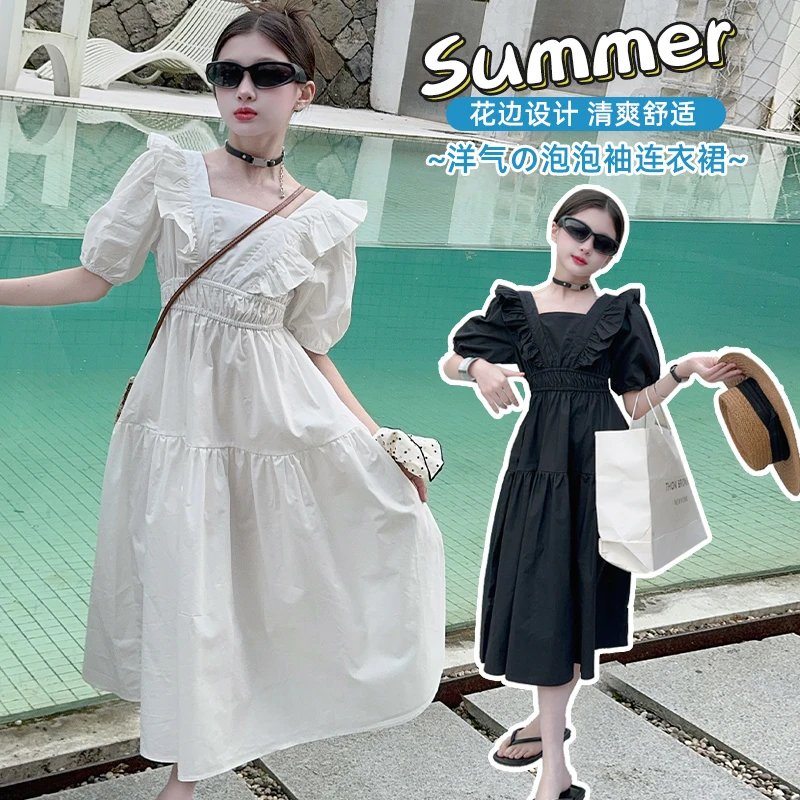 女大童纯棉连衣裙白色黑色夏季洋气时髦法式只超仙泡泡袖长裙12岁