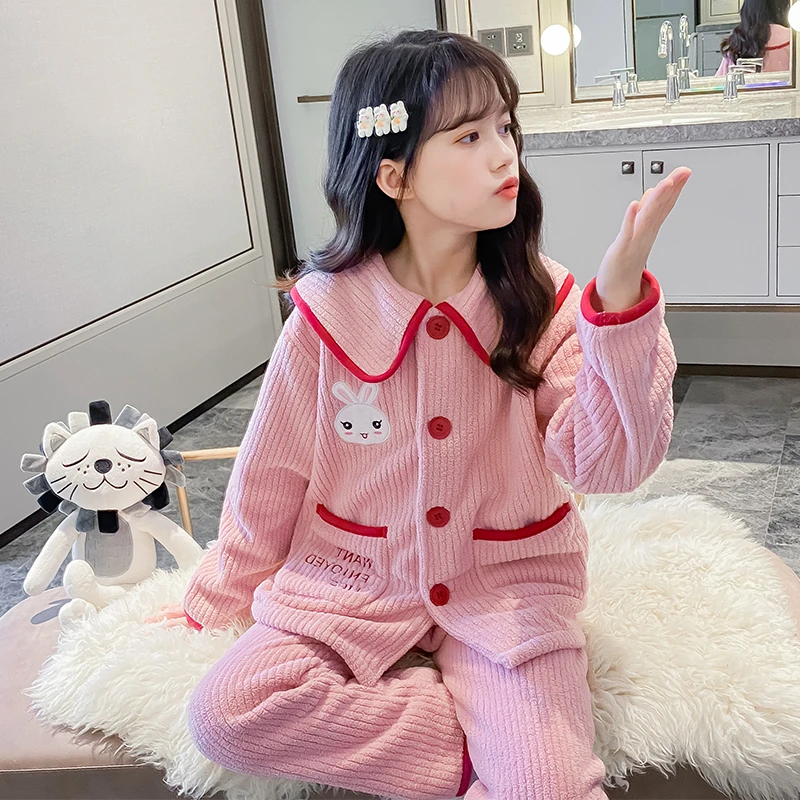 女童A类提花法兰绒睡衣长袖加厚儿童中大童开衫珊瑚绒家居服外穿