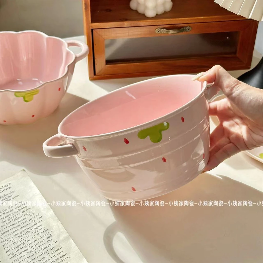【大汤碗】家用汤碗奶油粉双耳汤碗草莓陶瓷餐具汤碗大容量