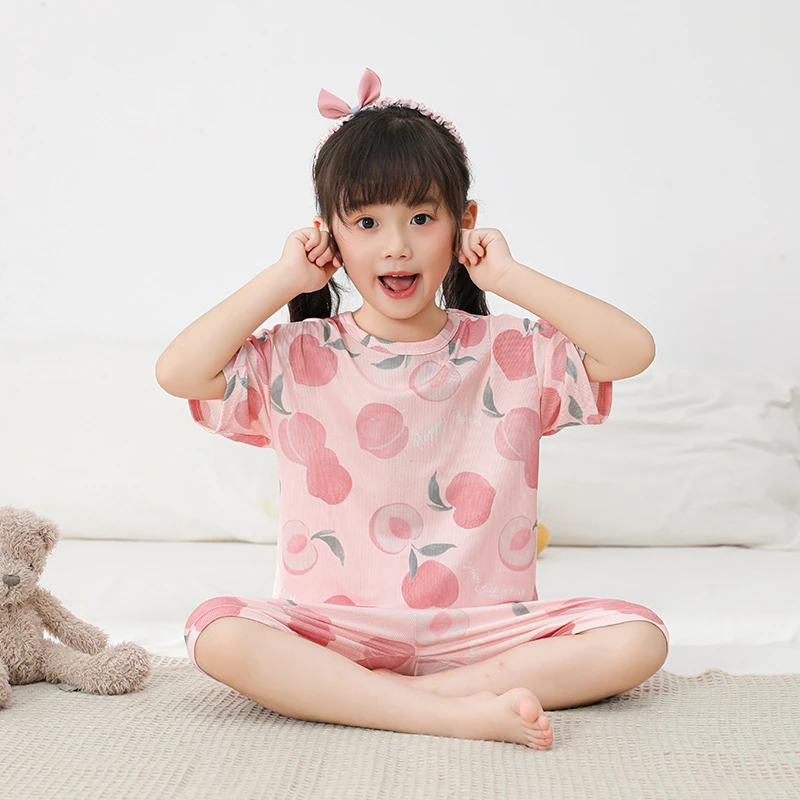女童睡衣薄款男童透气儿童家居服中小童卡通小孩短袖夏季冰丝套装