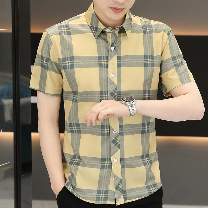 男士短袖格子衬衫薄款夏季日常百搭修身免烫抗皱翻领半袖上衣男