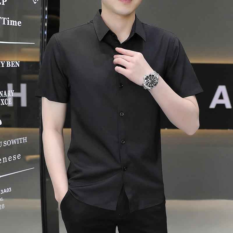 男士纯色短袖衬衫半袖上衣薄款日常百搭修身衬衫男休闲夏季商务