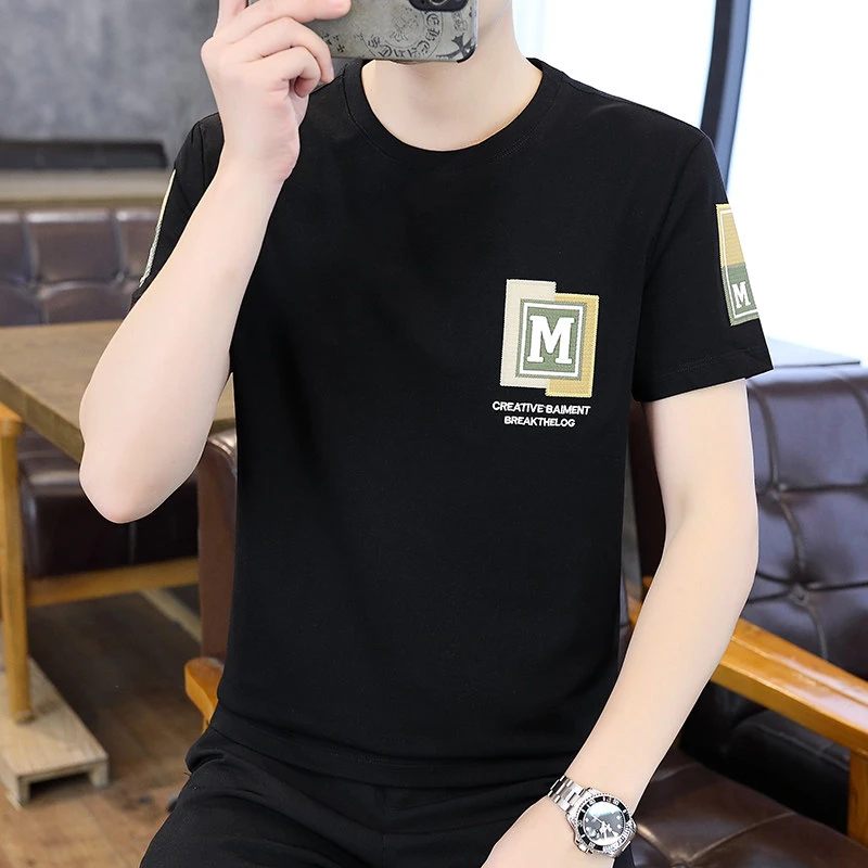 2024夏季新款圆领套头棉质t恤男炫酷