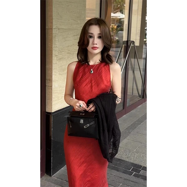 LUXURYMEMO【许愿裙】红色修身无袖连衣裙优雅亚麻桑蚕丝连衣裙