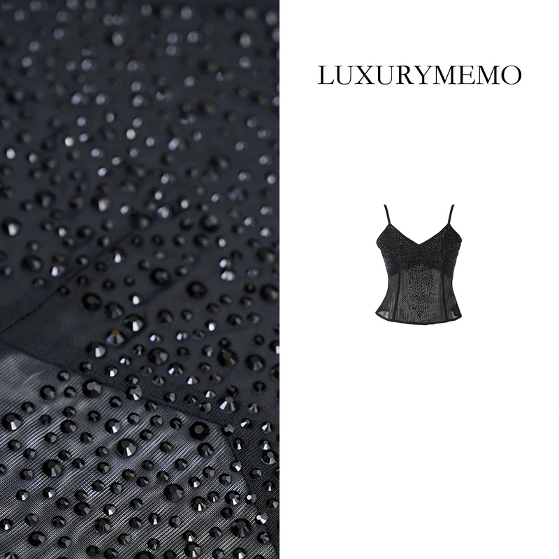 LUXURYMEMO【刘熊熊】蕾丝女背心打底时尚美背 烫钻吊带背心