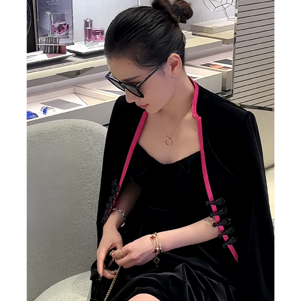 LUXURYMEMO【金枝玉叶】丝绒上衣时尚气质黑色中国风外套
