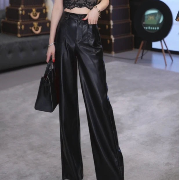 【刘熊熊】冬季新款显瘦气质长款加厚蛋白皮裤