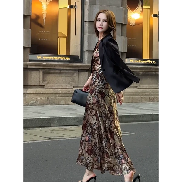 【油画少女】夏季新款小众设计感气质时尚碎花复古醋酸无袖连衣裙