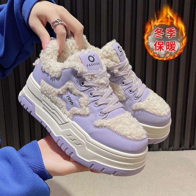 2347【新疆包邮兜兜】毛毛板鞋秋冬新款运动休闲鞋系带增高加绒棉鞋