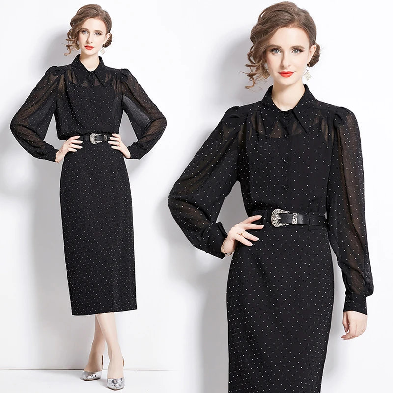 实拍现货高级感时尚套装泡泡袖重工烫钻衬衣高腰半身裙套装