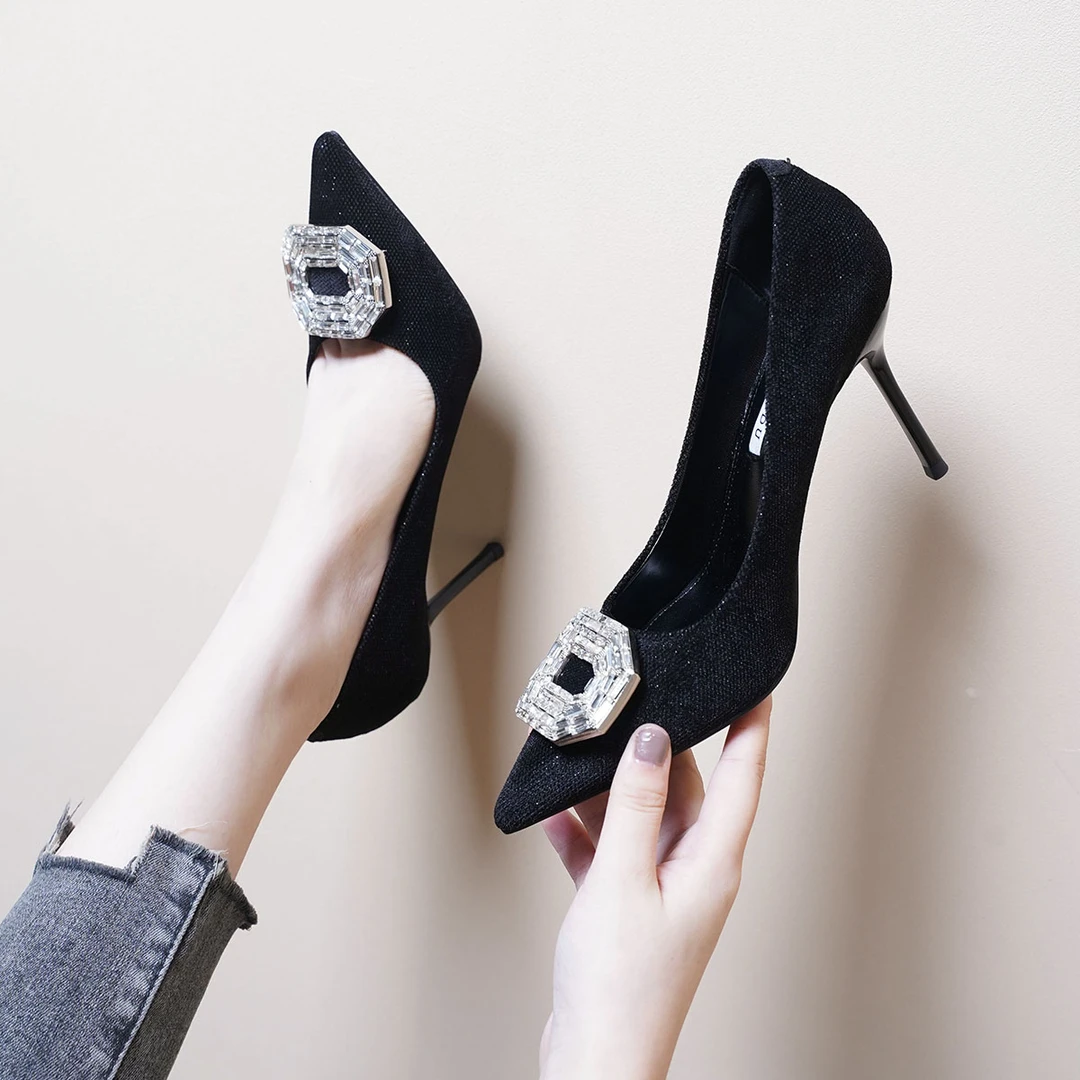 时尚女鞋高跟鞋单鞋女百搭水钻浅口细跟春秋气质尖头性感法式3780