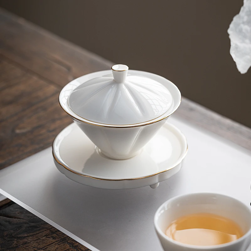 羊脂玉斗笠盖碗功夫茶具陶瓷盖碗描金三才盖碗茶杯家用茶盖碗高端