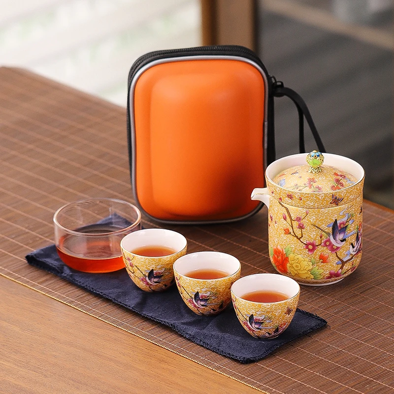 羊脂玉瓷珐琅彩掐金丝喜鹊旅行茶具套装便携出差露营快客茶壶茶具