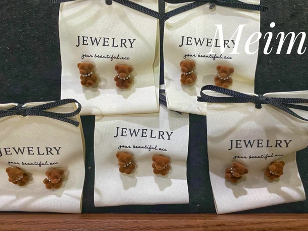 925银布艺耳饰 咖色丝绒小熊耳钉s925银针可爱气质网红轻奢儿童