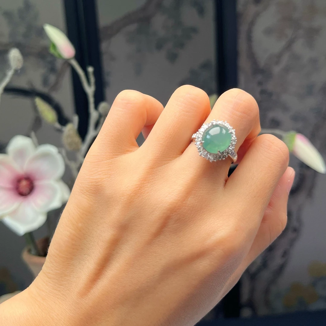 【古古珠宝】“只此青绿”湖水绿大蛋面S925银戒指多样性发其一-YX392