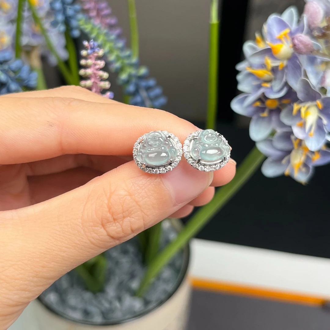 【古古珠宝】国风设计款高冰S925银翡翠佛公耳钉-YX148