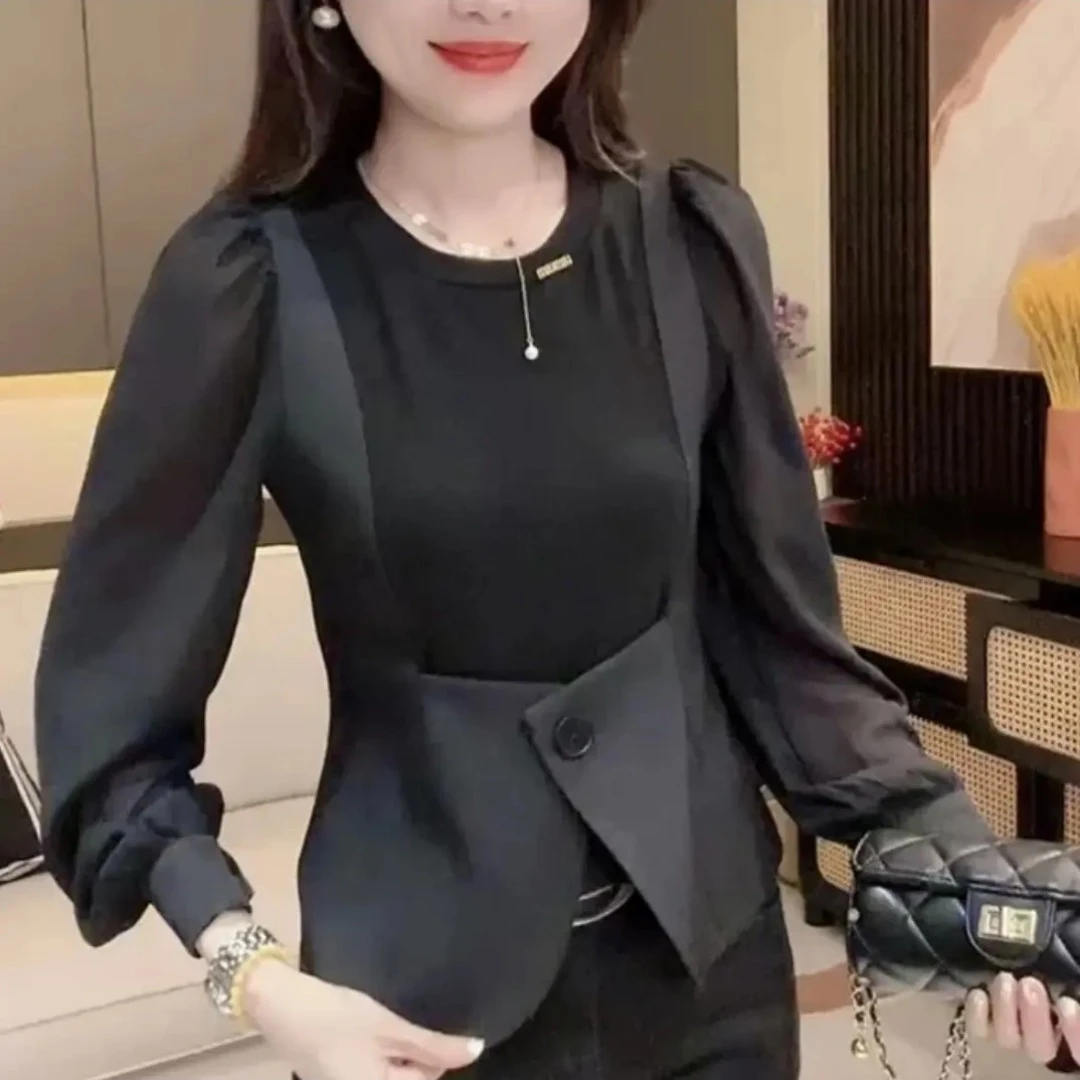 1016秋季新款拼接大码胖妹妹显瘦洋气时尚长袖两件T恤上衣打底