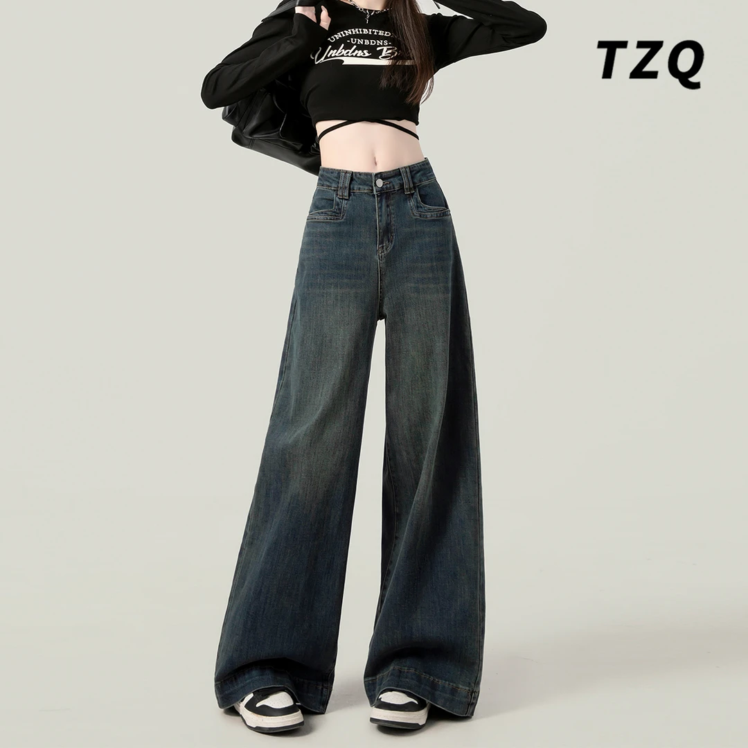 美式高腰复古阔腿牛仔裤女2025新款显瘦宽松垂感拖地裤子TZQ80357