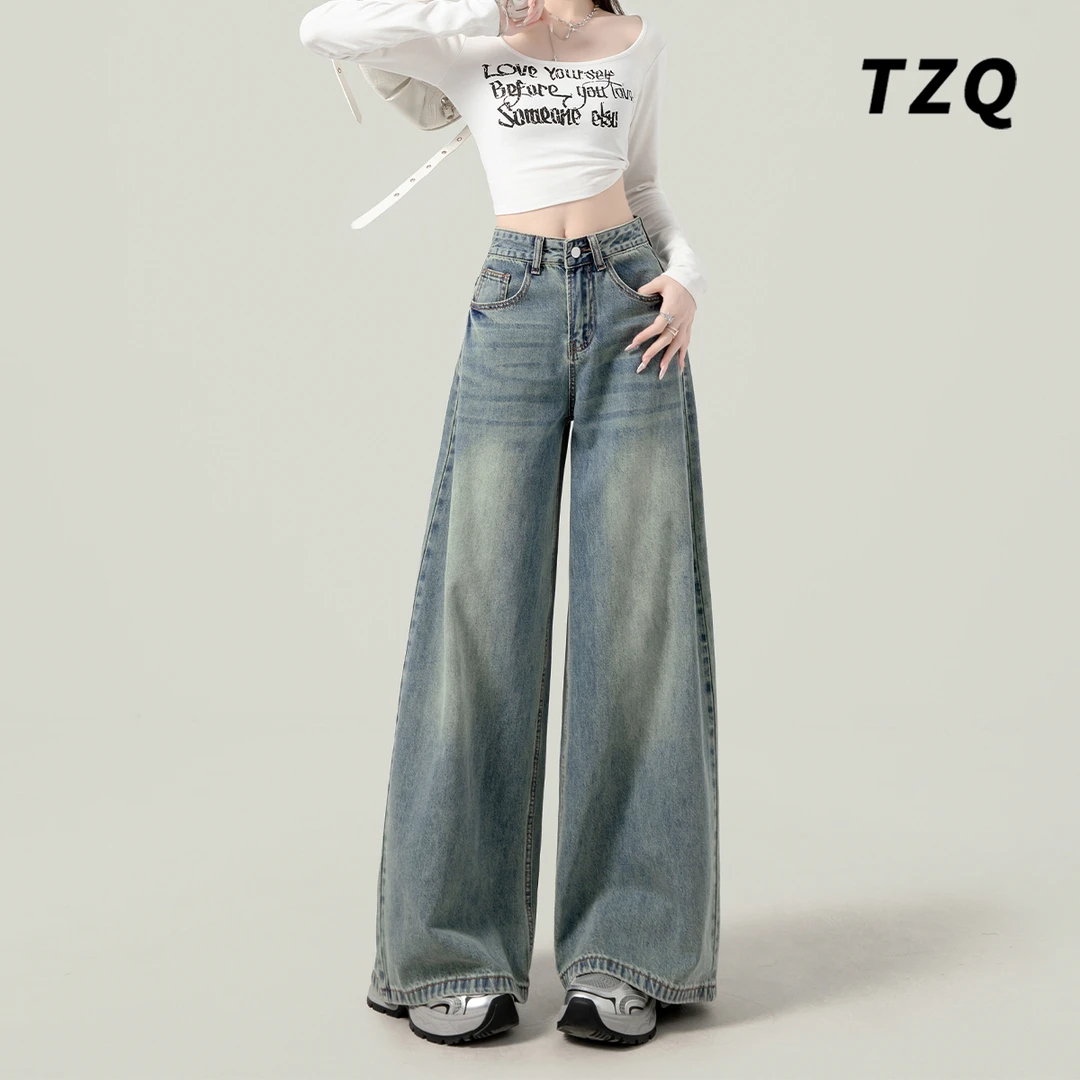 复古高腰浅蓝色阔腿裤女爆款2025新款秋季宽松显瘦直筒水洗牛仔裤