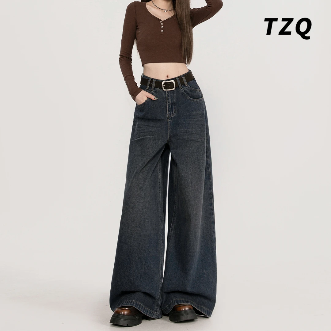 复古高腰垂感牛仔裤女爆款2025宽松显瘦阔腿裤休闲抗皱耐磨拖地裤