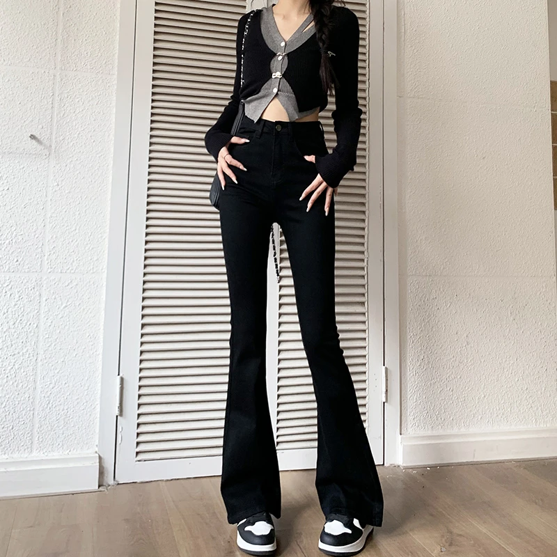 黑色微喇牛仔裤女款爆款2025秋季新款小个子高腰显瘦马蹄喇叭裤子