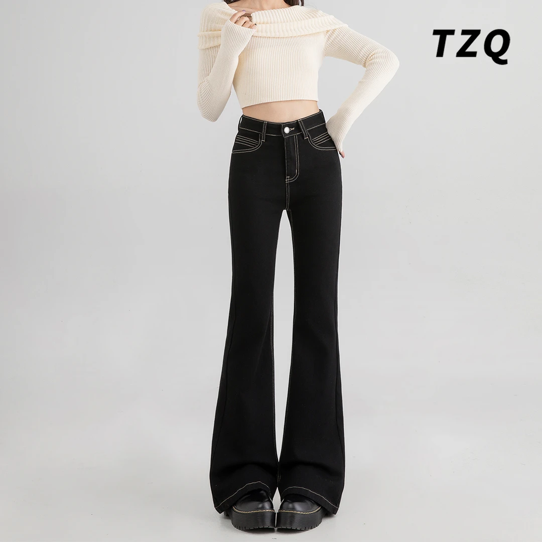 韩系微喇牛仔裤女2024秋冬新款高腰显瘦百搭拖地长裤子TZQ112753