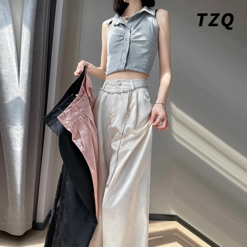 新中式缎面提花阔腿裤女2024新款高腰显瘦休闲垂感直筒裤TZQ71608