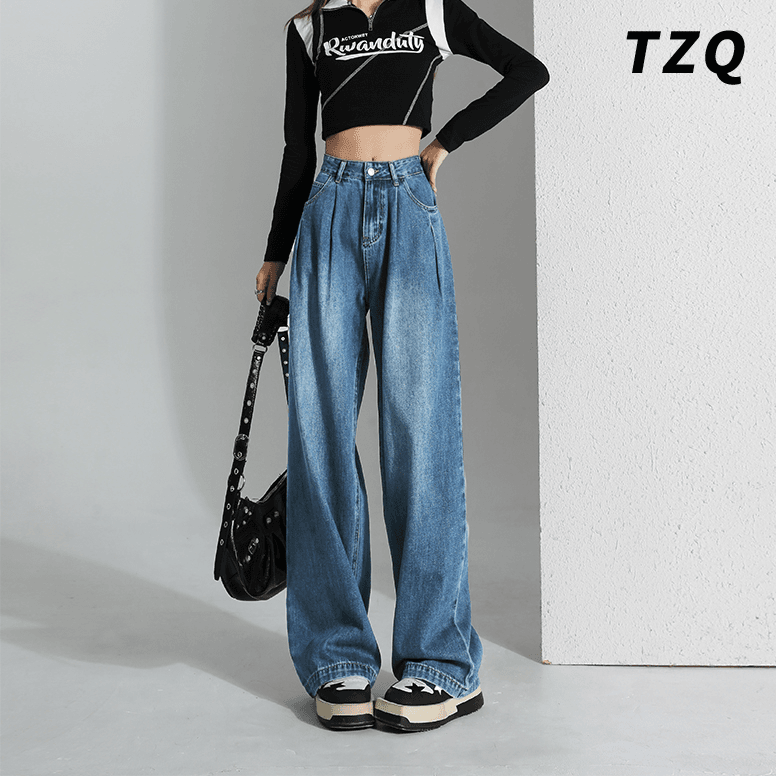 蓝灰色宽松显瘦阔腿牛仔裤女夏季爆款2024新款高腰褶皱垂感拖地裤