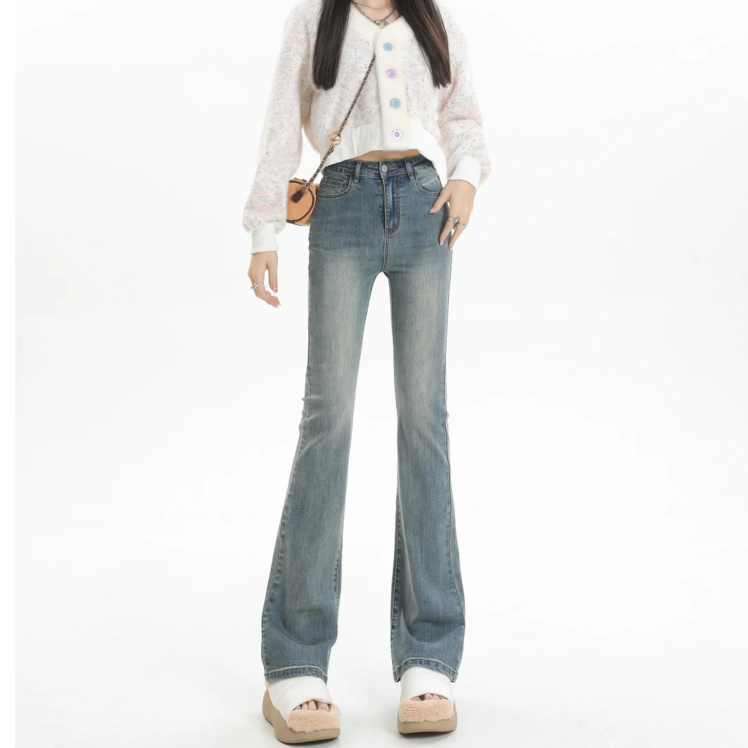 浅色微喇牛仔裤女款爆款2025新款秋季加绒小个子高腰显瘦喇叭裤子