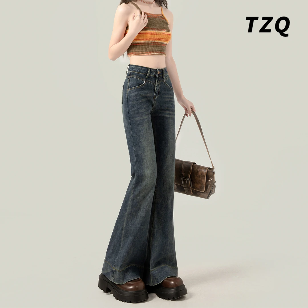 水洗复古高腰深蓝色喇叭牛仔裤女韩版修身显瘦休闲微喇裤TZQ90192