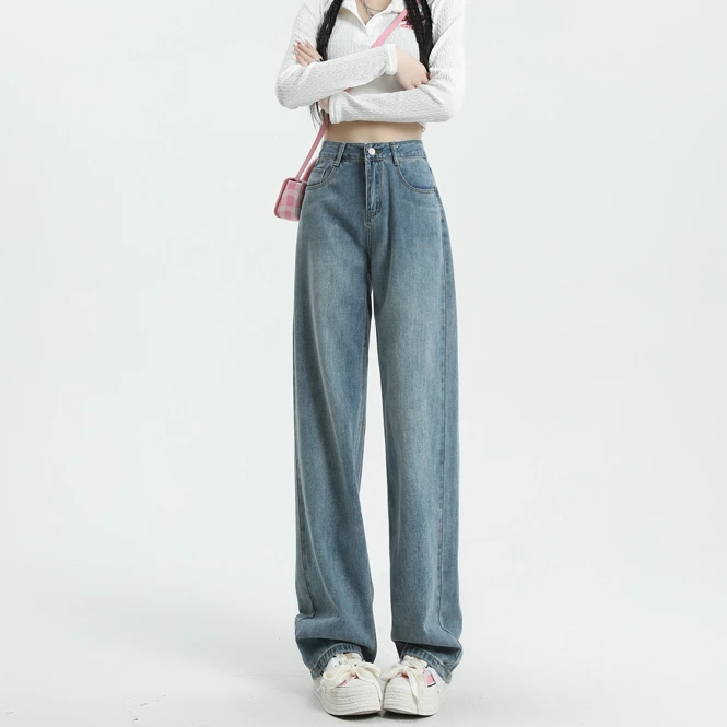 美式复古直筒牛仔裤女2024新款秋季高腰显瘦小个子垂感窄版阔腿裤