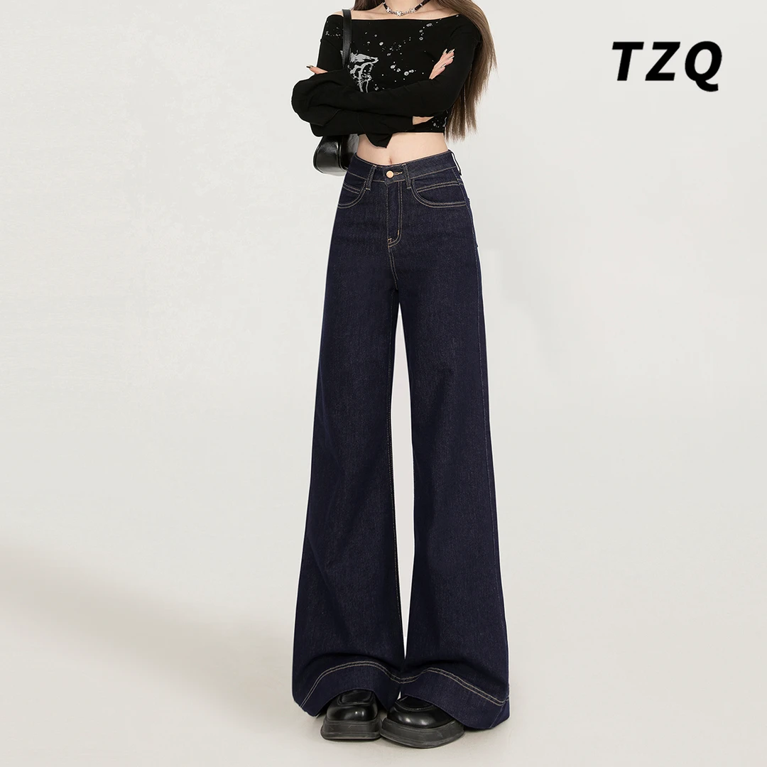 丹宁蓝微喇牛仔裤女款爆款2025秋季新款加绒宽松垂感拖地阔腿裤子