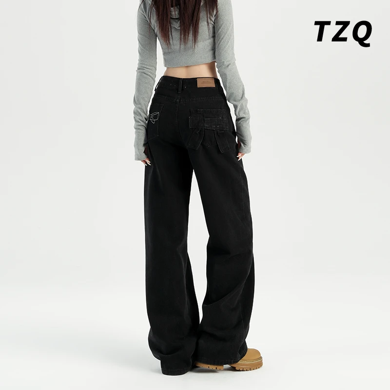 2025季新款甜酷黑色直筒牛仔裤女长裤高腰百搭显瘦裤子TZQ80872