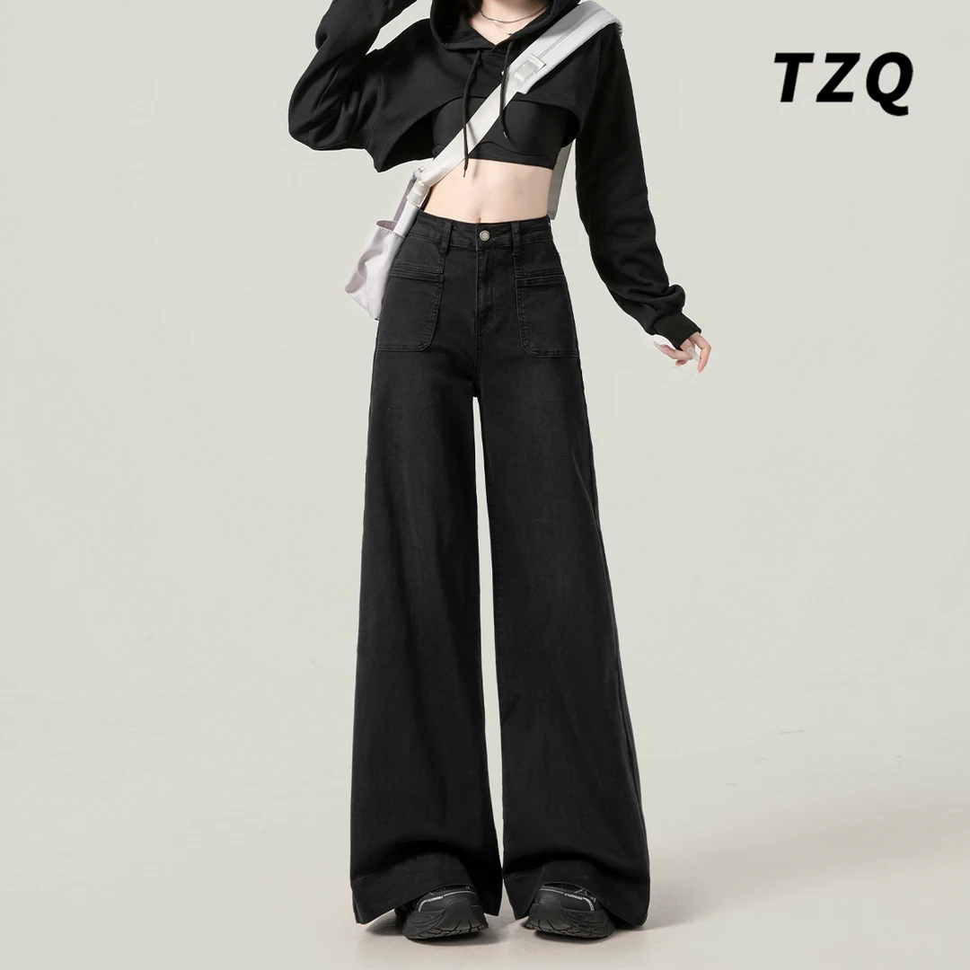 美式黑色阔腿牛仔裤女款2025爆款秋季新款高腰显瘦宽松直筒拖地裤