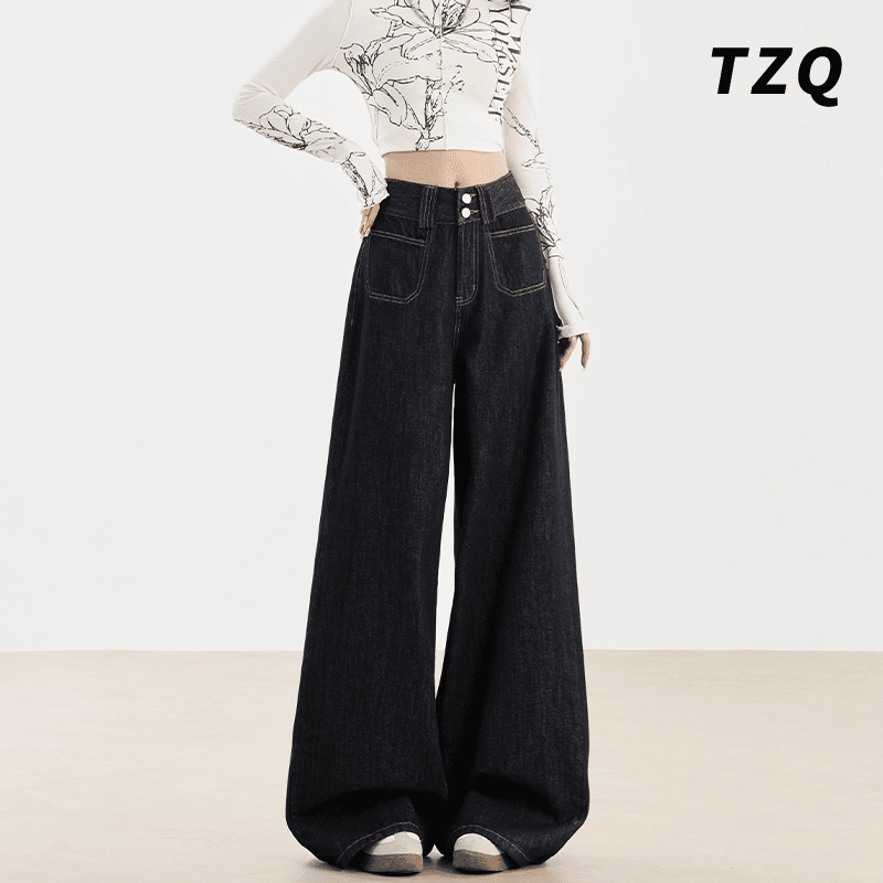 高腰双扣设计感宽松阔腿裤女显瘦藏肉遮胯深蓝色牛仔裤子TZQ81364