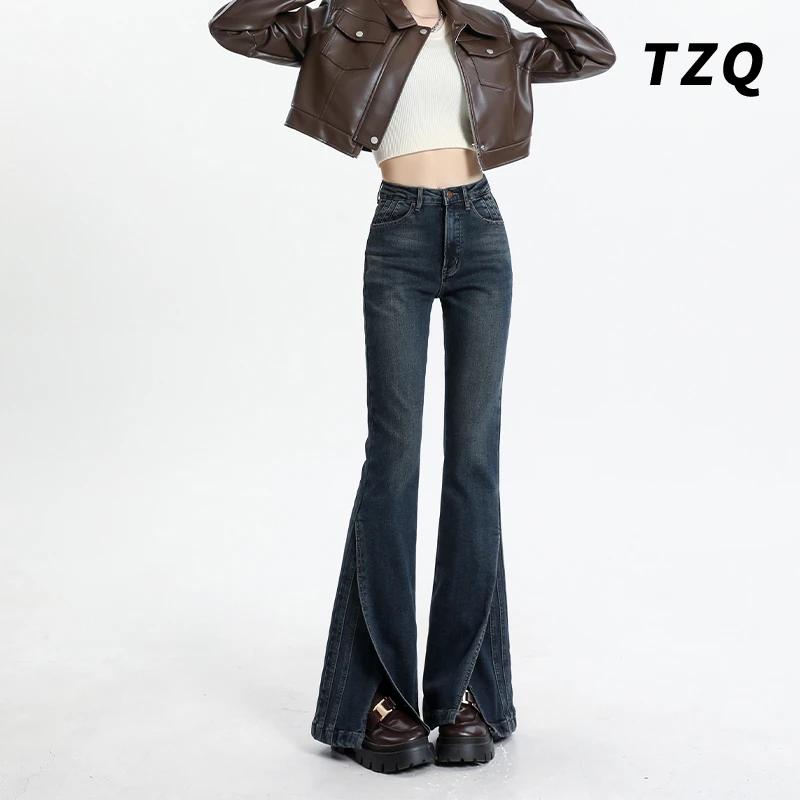 复古开叉喇叭牛仔裤女季2025新款高腰显瘦设计感微喇裤TZQ91340