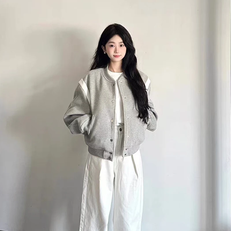 灰色复古拼色短外套女秋季2024新款小个子棒球服夹克上衣TZQ82546