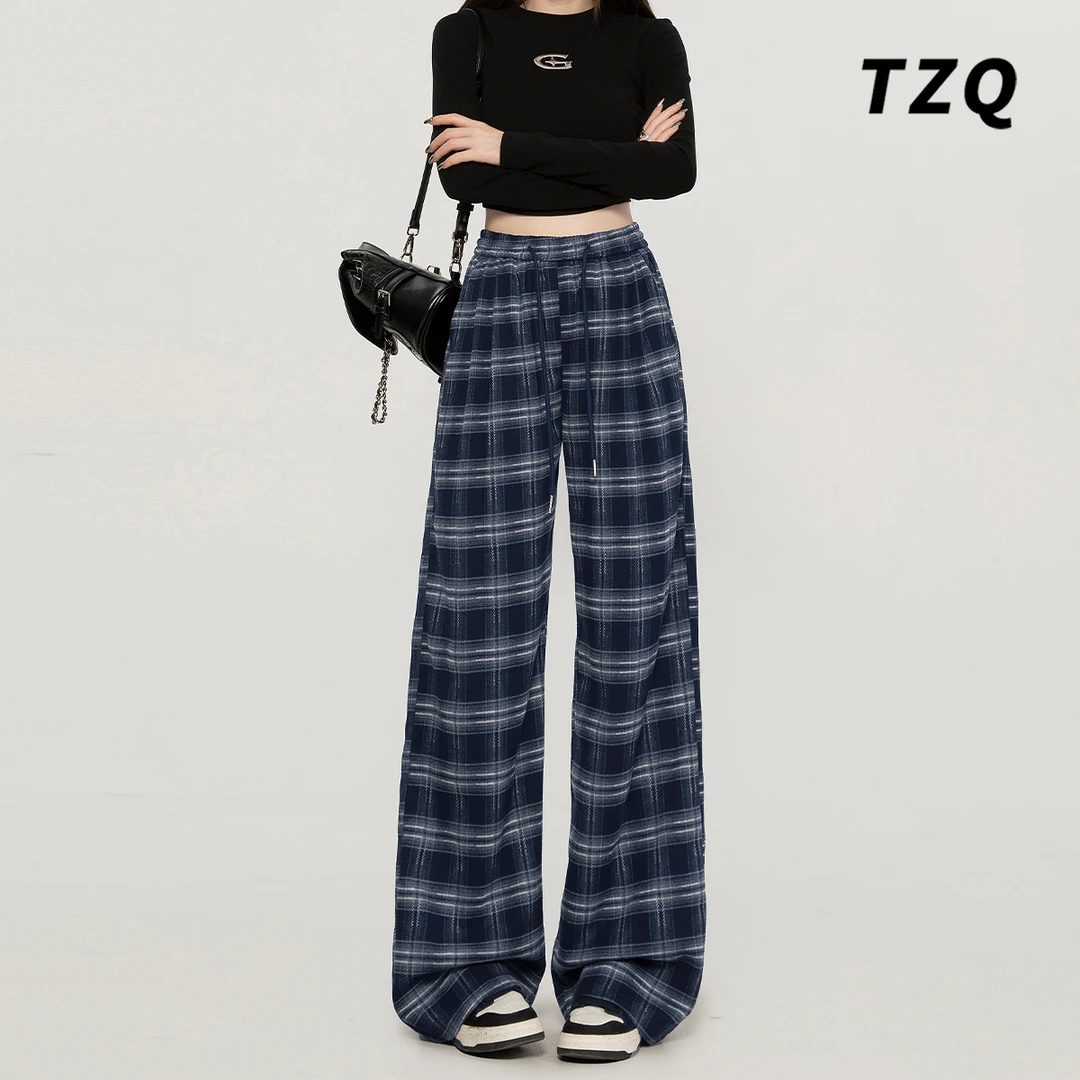 韩版学院风格子阔腿裤女高腰宽松复古休闲裤垂感拖地裤子TZQ90342