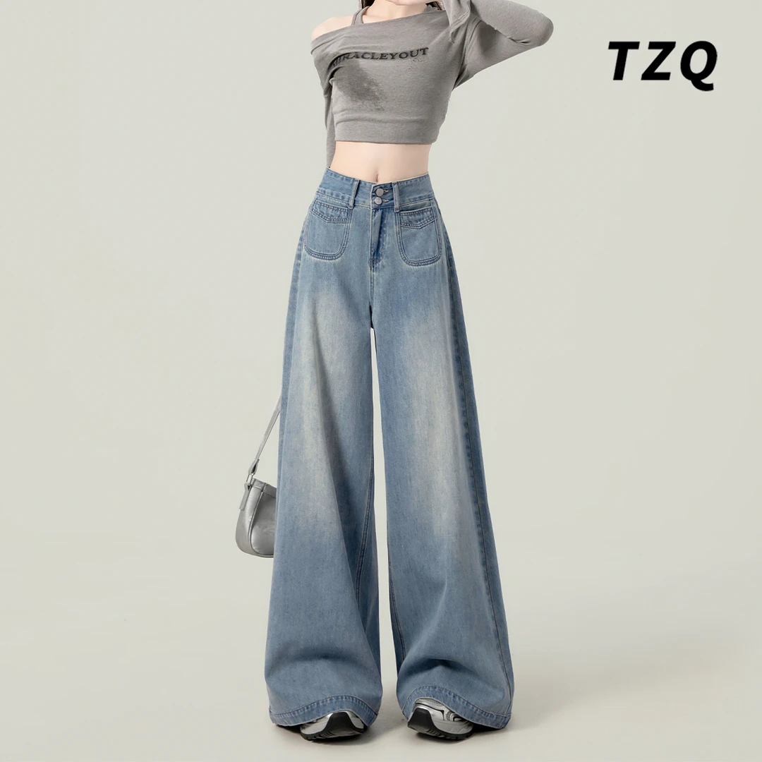 浅蓝色阔腿牛仔裤女爆款2025秋季新款加绒高腰显瘦宽松拖地直筒裤