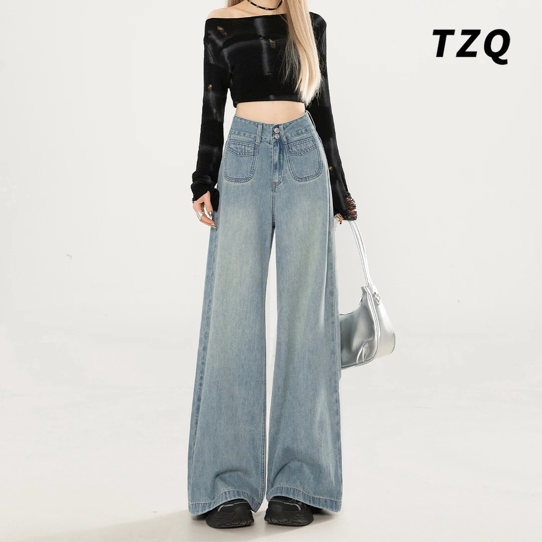 浅蓝色拖地阔腿牛仔裤女2025秋季宽松高腰显瘦垂感拖地裤TZQ71824