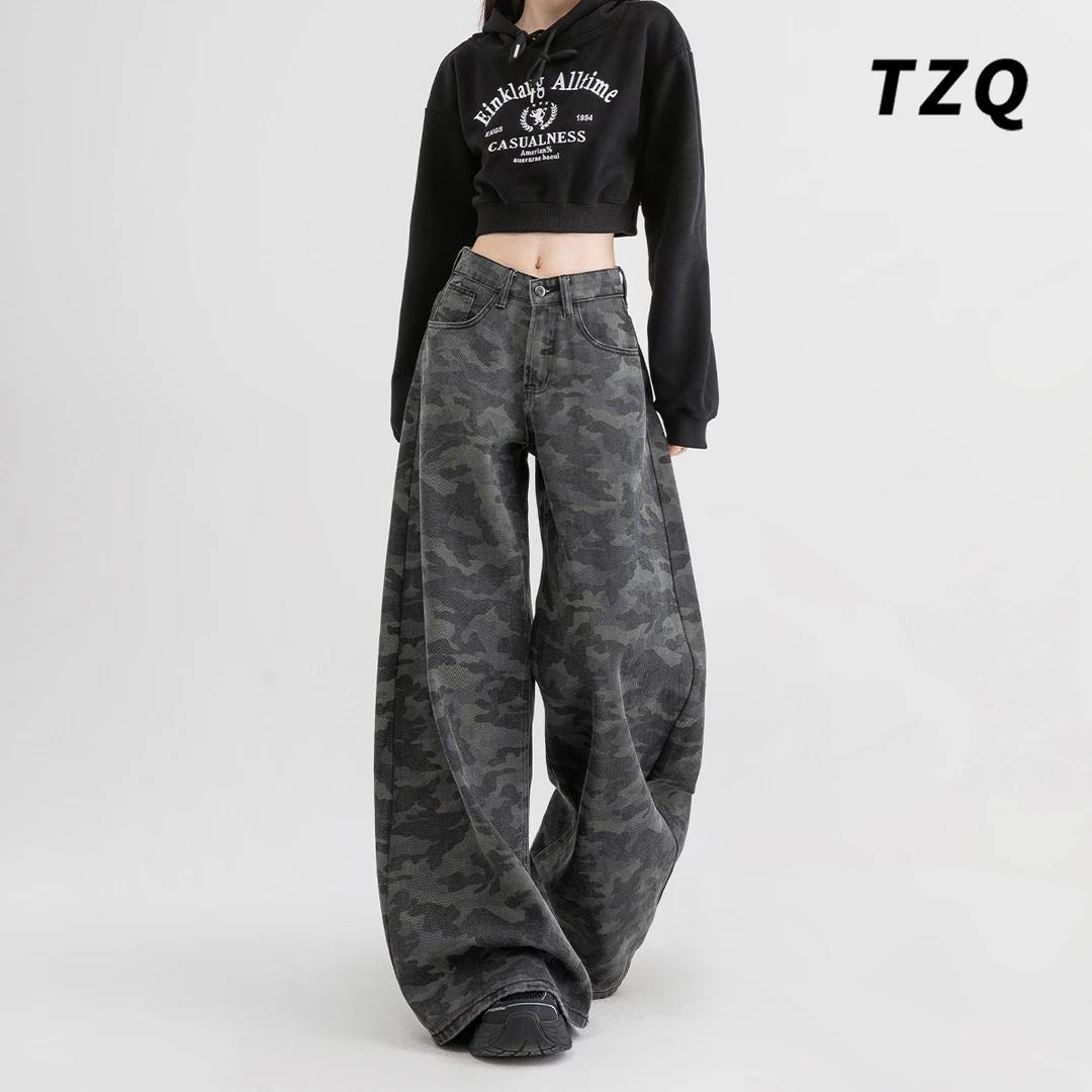 美式迷彩工装牛仔裤女秋季爆款2025新款高腰显瘦直筒宽松阔腿裤子