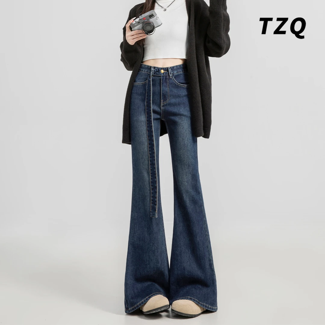 复古自带系带微喇牛仔裤女2025秋季高腰百搭不贴腿遮肉显瘦喇叭裤