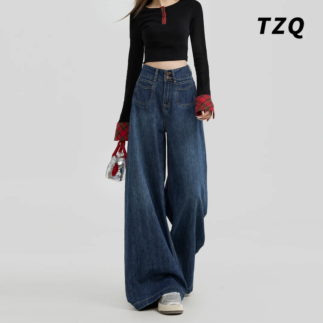 高腰牛仔裤女秋季2025新款垂感宽松显瘦直筒设计感长裤TZQ71824