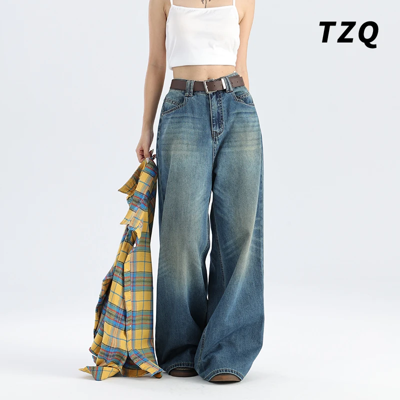 美式复古水洗牛仔裤2025年秋季新款女设计宽松显瘦阔腿裤裤子