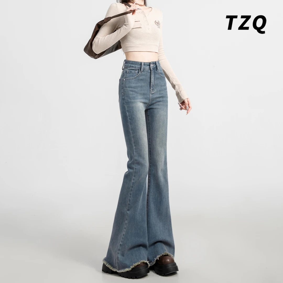 蓝色毛边微喇裤牛仔裤女显瘦高腰2025秋季新款百搭通勤复古微喇裤