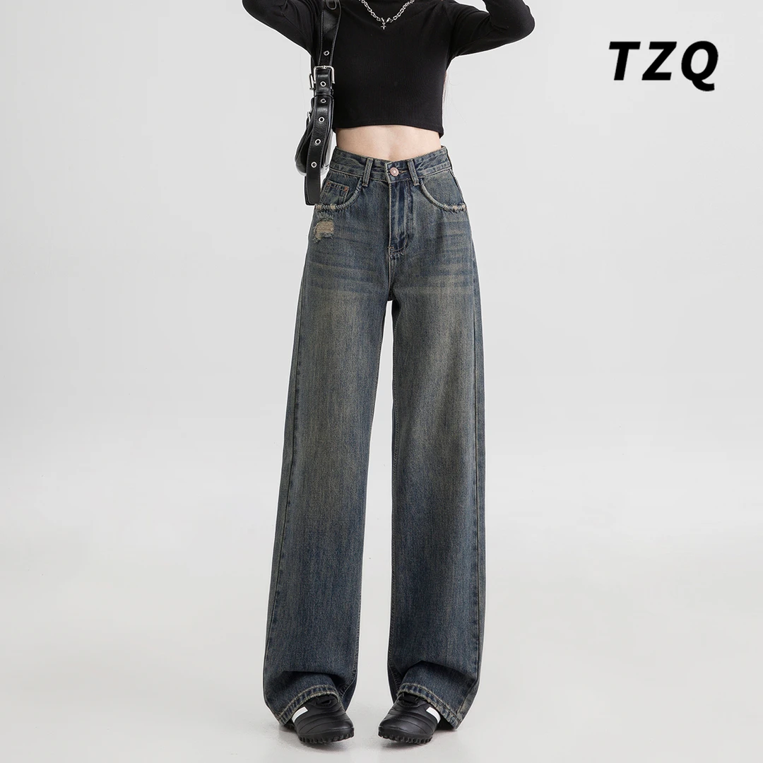 水泥灰阔腿裤女款爆款2025新款复古宽松垂感水洗牛仔裤子TZQ80853